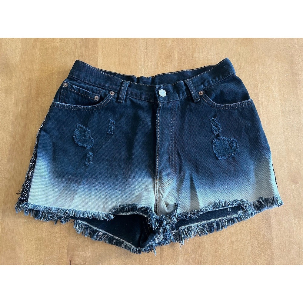 Vtg Levi's 501 X Furst Of A Kind Denim Cut Off Shorts Dark Wash Bleach Beaded 28
